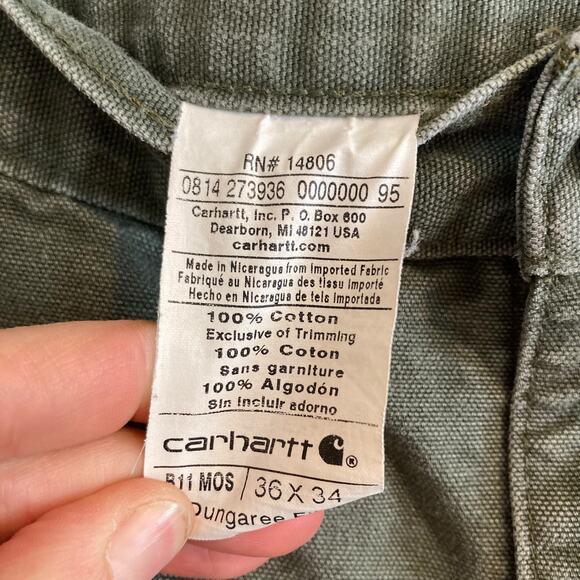 Mens Carhartt Drab Military Green Loose Original Fit Work Denim Jeans Size 36x32 - Picture 7 of 16